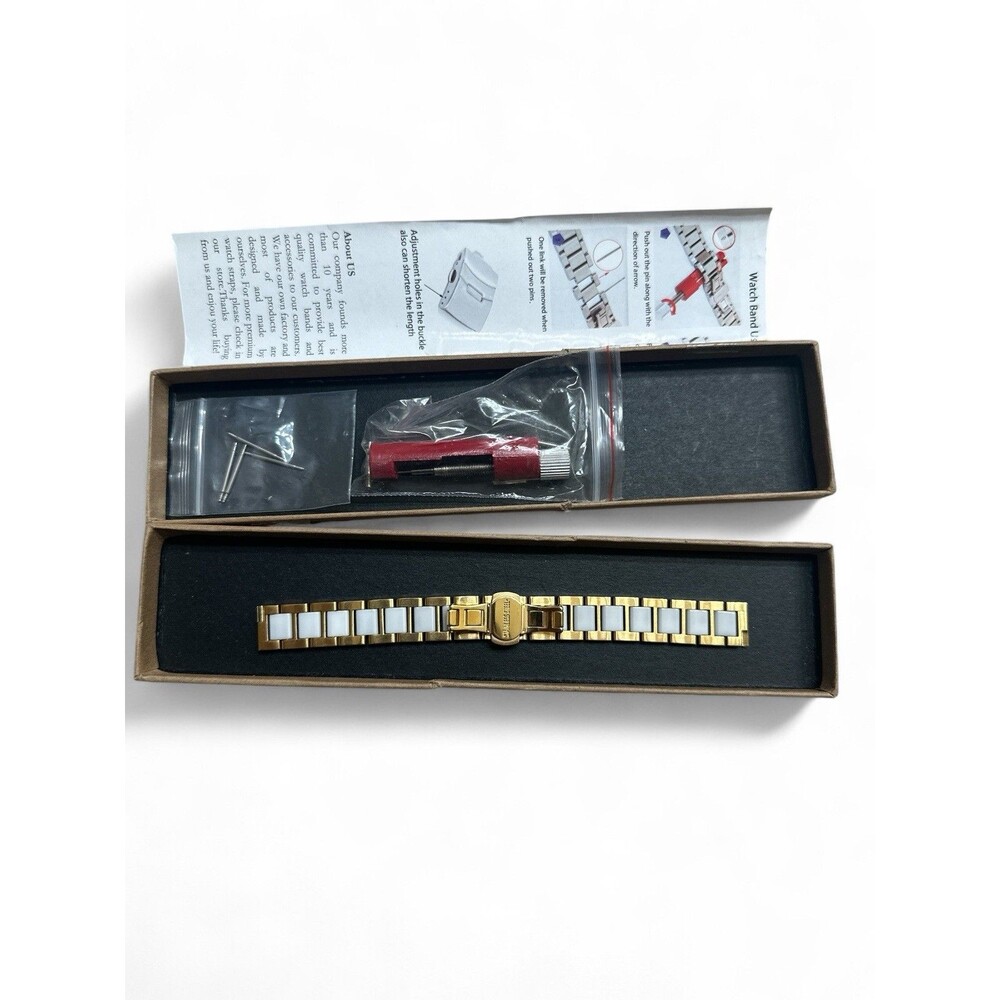 NEW 14mm Ceramic Gold Stainless Steel & White Replacement Bracelet Watch Band